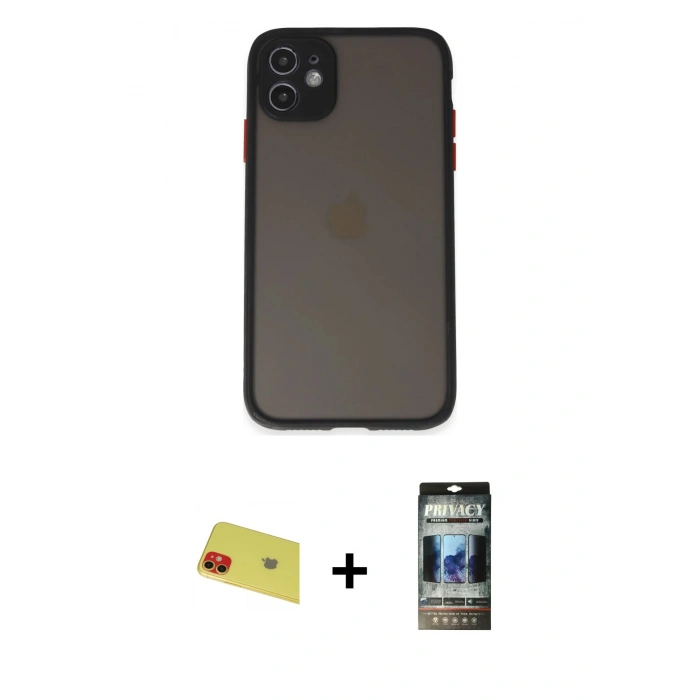MARSİLYAN™- iPhone 11 Kılıf Ahenk Çizgi Serisi - Siyah 34D Hayalet Izgaralı Cam + Rainbow Kamera Lens Koruma Cam - KI