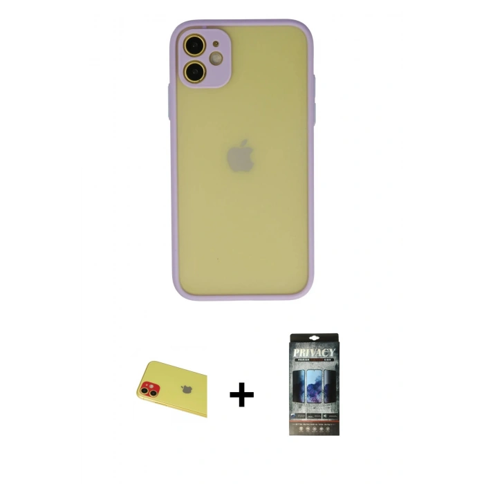 MARSİLYAN™- iPhone 11 Kılıf Ahenk Çizgi Serisi - Siyah 34D Hayalet Izgaralı Cam + Rainbow Kamera Lens Koruma Cam - KI