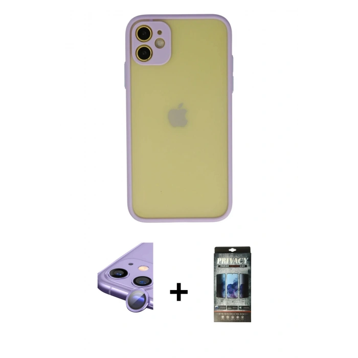 MARSİLYAN™- iPhone 11 Kılıf Ahenk Çizgi Serisi - Siyah 34D Hayalet Izgaralı Cam + Mor Raze Metal Kamera Lens