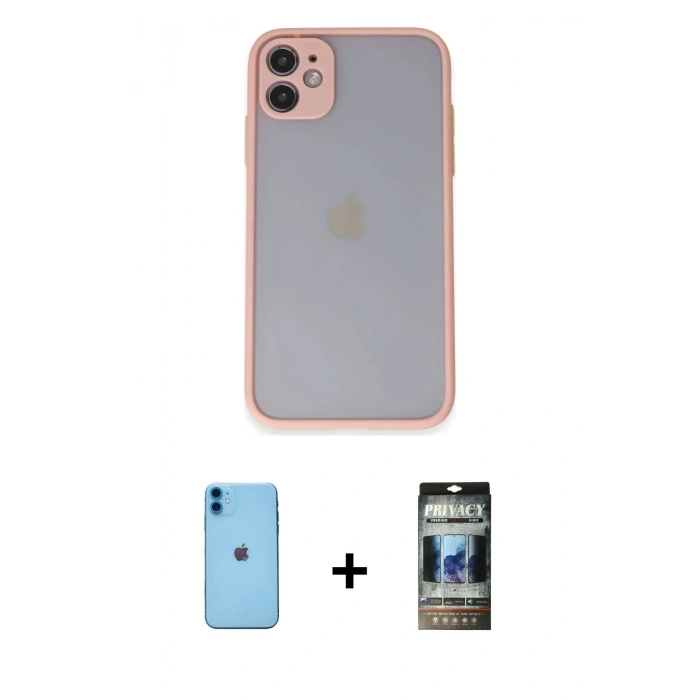 MARSİLYAN™- iPhone 11 Kılıf Ahenk Çizgi Serisi - Siyah 34D Hayalet Izgaralı Cam + Neon Fosforlu Kamera Lens - MI