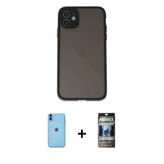MARSİLYAN™- iPhone 11 Kılıf Ahenk Çizgi Serisi - Siyah 34D Hayalet Izgaralı Cam + Neon Fosforlu Kamera Lens - MI