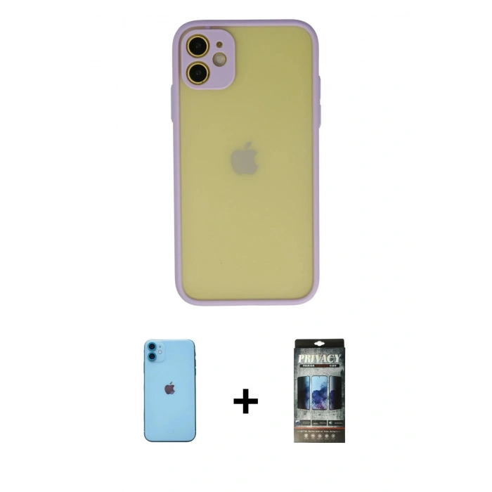 MARSİLYAN™- iPhone 11 Kılıf Ahenk Çizgi Serisi - Siyah 34D Hayalet Izgaralı Cam + Neon Fosforlu Kamera Lens - MI