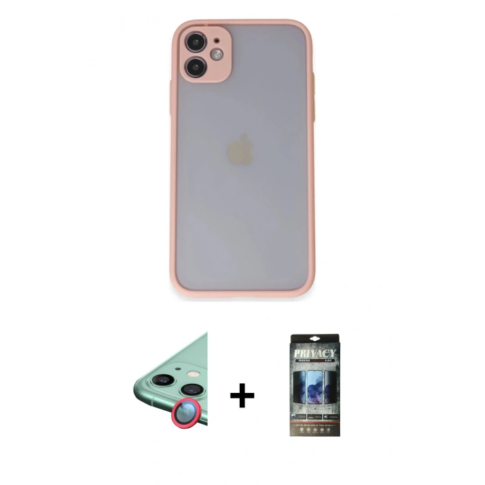 MARSİLYAN™- iPhone 11 Kılıf Ahenk Çizgi Serisi - Siyah 34D Hayalet Izgaralı Cam + Raze Metal Kamera Lens - KI