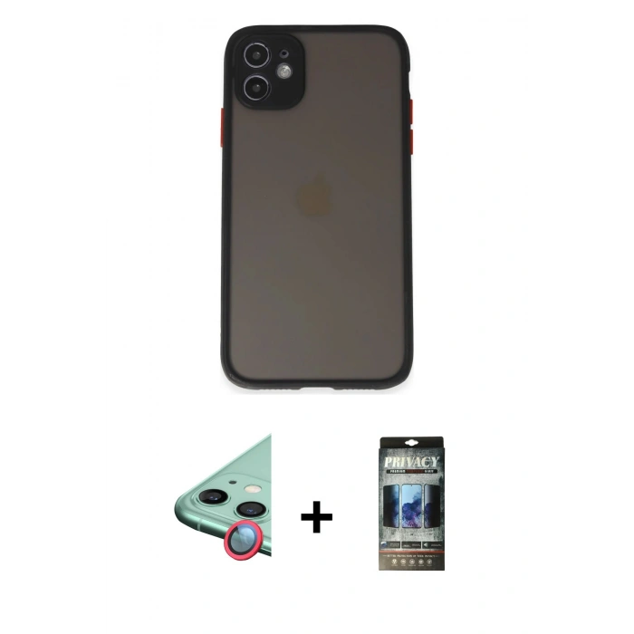 MARSİLYAN™- iPhone 11 Kılıf Ahenk Çizgi Serisi - Siyah 34D Hayalet Izgaralı Cam + Raze Metal Kamera Lens - KI