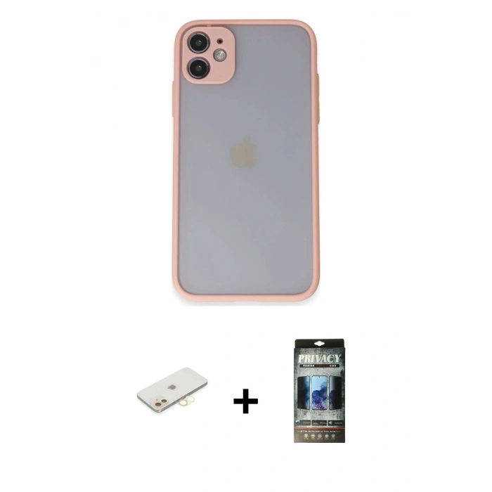 MARSİLYAN™- iPhone 11 Kılıf Ahenk Çizgi Serisi - Siyah 34D Hayalet Izgaralı Cam + Renkli Kamera Lens Koruma Cam - SI