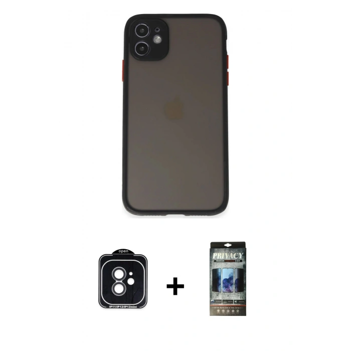 MARSİLYAN™- iPhone 11 Kılıf Ahenk Çizgi Serisi - Siyah 34D Hayalet Izgaralı Cam + PVD Metal Kamera Lens - SH