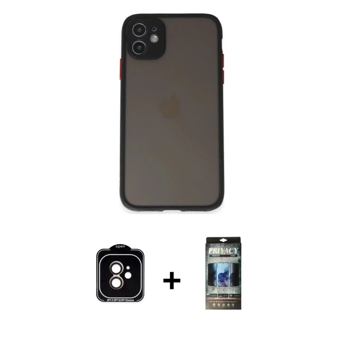 MARSİLYAN™- iPhone 11 Kılıf Ahenk Çizgi Serisi - Siyah 34D Hayalet Izgaralı Cam + PVD Metal Kamera Lens - TU