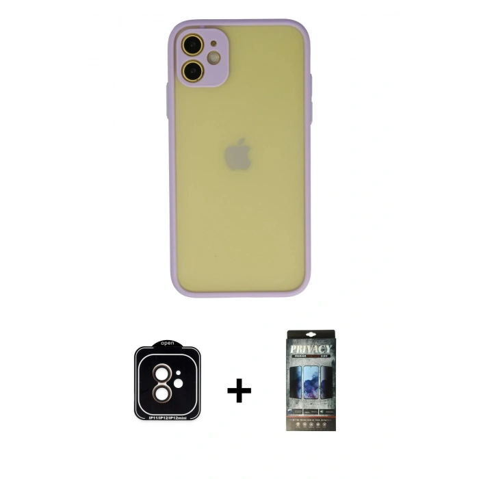 MARSİLYAN™- iPhone 11 Kılıf Ahenk Çizgi Serisi - Siyah 34D Hayalet Izgaralı Cam + PVD Metal Kamera Lens - TU