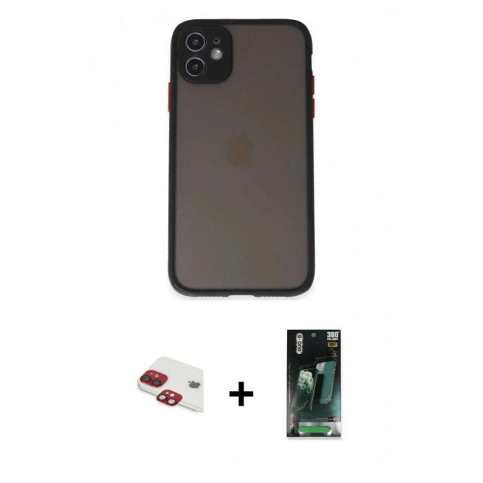 MARSİLYAN™- iPhone 11 Kılıf Ahenk Çizgi Serisi - Siyah 360 Mat Full Body Arka Koruyucu + Pers Alüminyum Kamera Lens - KI