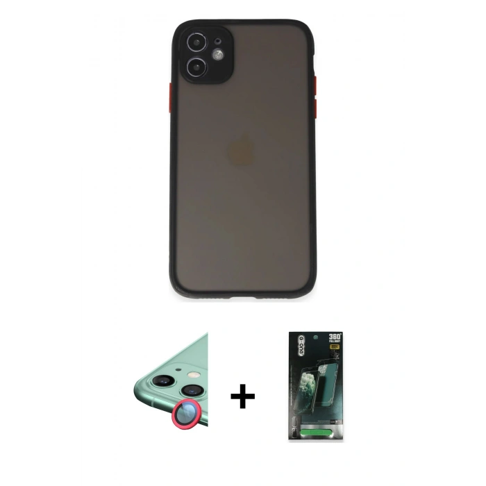 MARSİLYAN™- iPhone 11 Kılıf Ahenk Çizgi Serisi - Siyah 360 Mat Full Body Arka Koruyucu + Raze Metal Kamera Lens - KI