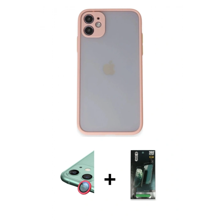 MARSİLYAN™- iPhone 11 Kılıf Ahenk Çizgi Serisi - Siyah 360 Mat Full Body Arka Koruyucu + Raze Metal Kamera Lens - KI