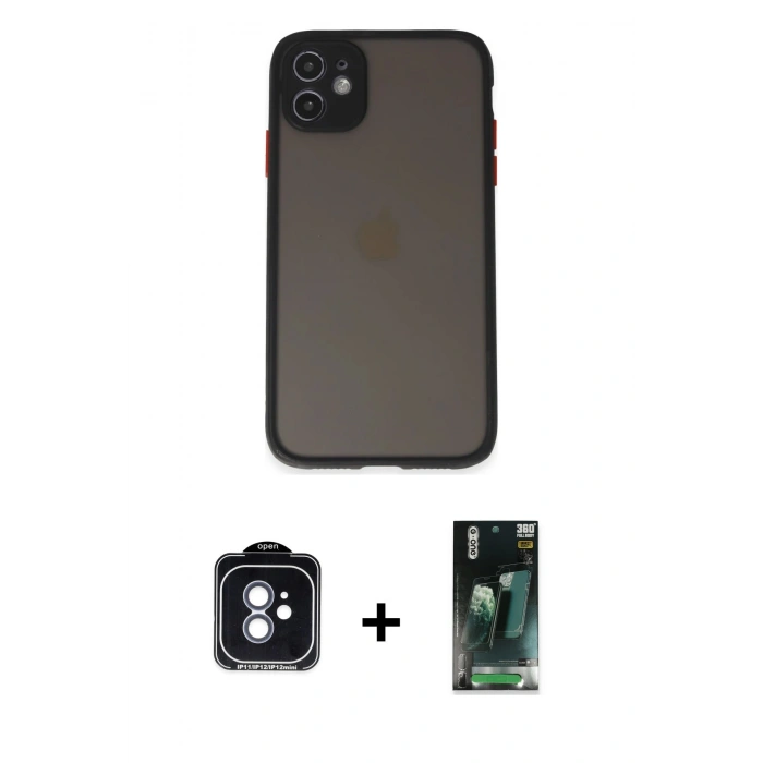 MARSİLYAN™- iPhone 11 Kılıf Ahenk Çizgi Serisi - Siyah 360 Mat Full Body Arka Koruyucu + PVD Metal Kamera Lens - MI