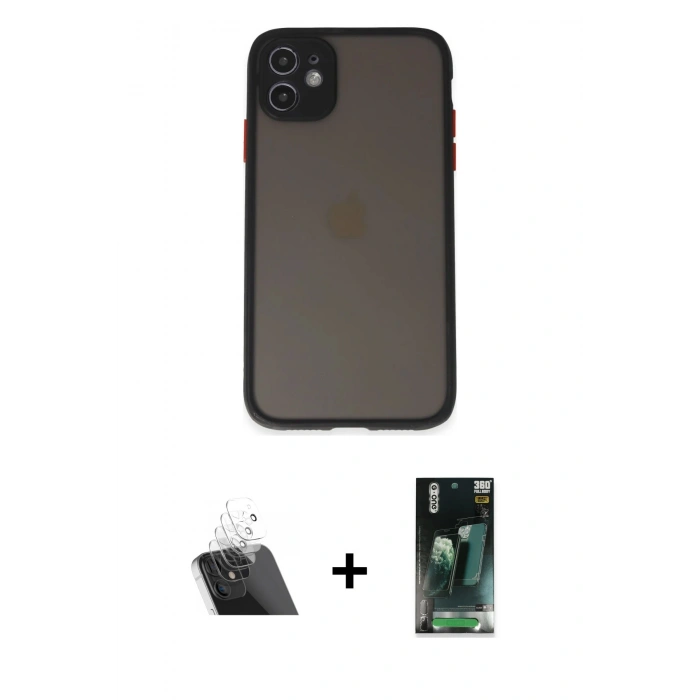 MARSİLYAN™- iPhone 11 Kılıf Ahenk Çizgi Serisi - Siyah 360 Mat Full Body Arka Koruyucu + Kamera Lens Koruma Cam - SF