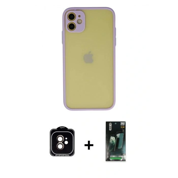 MARSİLYAN™- iPhone 11 Kılıf Ahenk Çizgi Serisi - Siyah 360 Mat Full Body Arka Koruyucu + PVD Metal Kamera Lens - TU