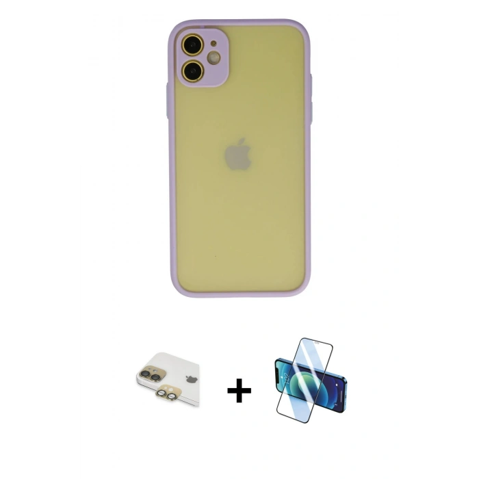 MARSİLYAN™- iPhone 11 Kılıf Ahenk Çizgi Serisi - Siyah 3D Antistatik Cam Ekran Koruyucu + Pers Alüminyum Kamera Lens - GD