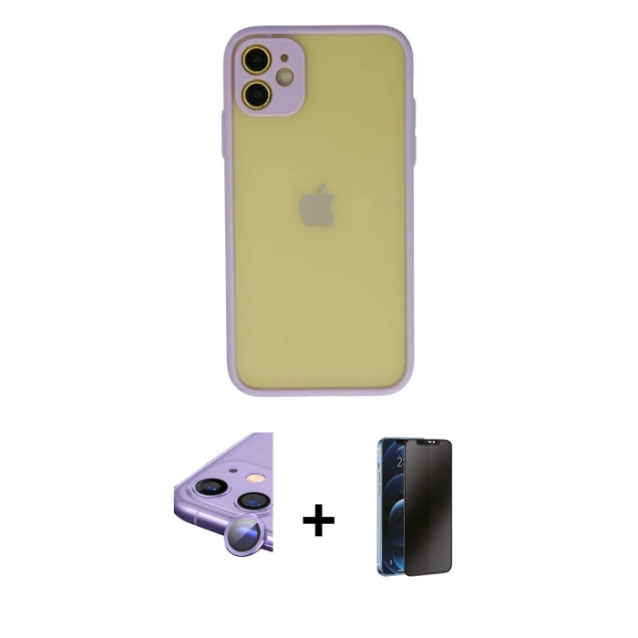 MARSİLYAN™- iPhone 11 Kılıf Ahenk Çizgi Serisi - Siyah 3D Antistatik Hayalet Cam Ekran Koruyucu + Raze Metal Kamera Lens - MR
