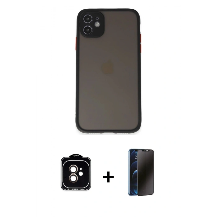 MARSİLYAN™- iPhone 11 Kılıf Ahenk Çizgi Serisi - Siyah 3D Antistatik Hayalet Cam Ekran Koruyucu + PVD Metal Kamera Lens - TU