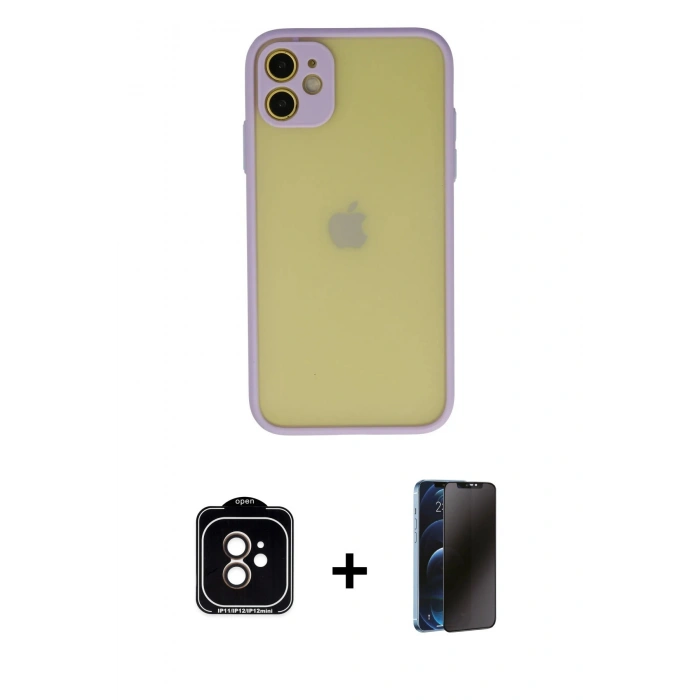 MARSİLYAN™- iPhone 11 Kılıf Ahenk Çizgi Serisi - Siyah 3D Antistatik Hayalet Cam Ekran Koruyucu + PVD Metal Kamera Lens - TU