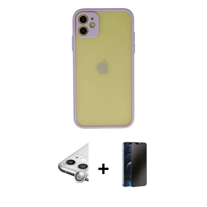 MARSİLYAN™- iPhone 11 Kılıf Ahenk Çizgi Serisi - Siyah 3D Antistatik Hayalet Cam Ekran Koruyucu + Raze Metal Kamera Lens - GS
