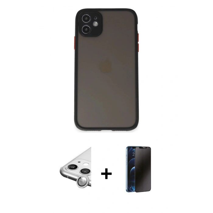 MARSİLYAN™- iPhone 11 Kılıf Ahenk Çizgi Serisi - Siyah 3D Antistatik Hayalet Cam Ekran Koruyucu + Raze Metal Kamera Lens - GS