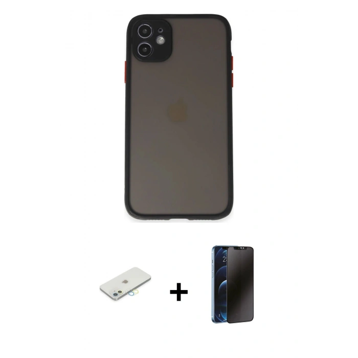 MARSİLYAN™- iPhone 11 Kılıf Ahenk Çizgi Serisi - Siyah 3D Antistatik Hayalet Cam Ekran Koruyucu + Renkli Kamera Lens Koruma Cam - SI