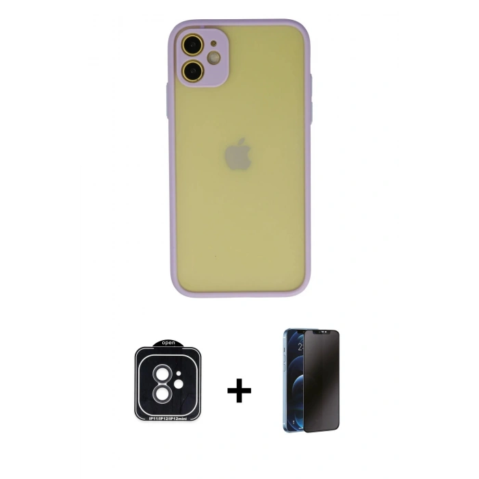 MARSİLYAN™- iPhone 11 Kılıf Ahenk Çizgi Serisi - Siyah 3D Antistatik Hayalet Cam Ekran Koruyucu + PVD Metal Kamera Lens - SH