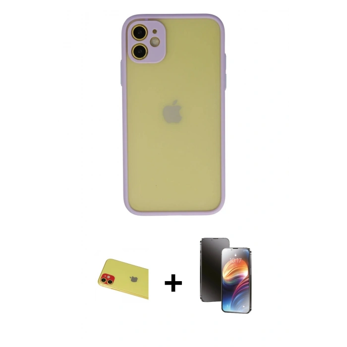 MARSİLYAN™- iPhone 11 Kılıf Ahenk Çizgi Serisi - Siyah 3D Antistatik Mat Seramik Nano Ekran Koruyucu + Kırmızı Rainbow Kamera Lens Koruma Cam