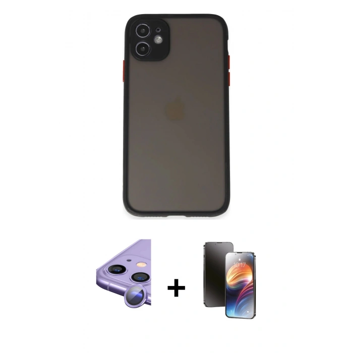 MARSİLYAN™- iPhone 11 Kılıf Ahenk Çizgi Serisi - Siyah 3D Antistatik Mat Seramik Nano Ekran Koruyucu + Mor Raze Metal Kamera Lens