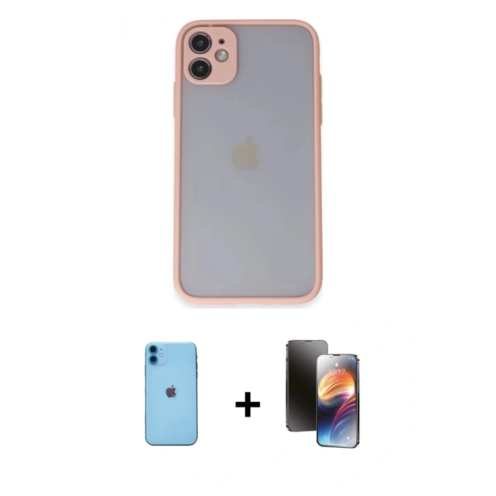 MARSİLYAN™- iPhone 11 Kılıf Ahenk Çizgi Serisi - Siyah 3D Antistatik Mat Seramik Nano Ekran Koruyucu + Neon Fosforlu Kamera Lens - MI