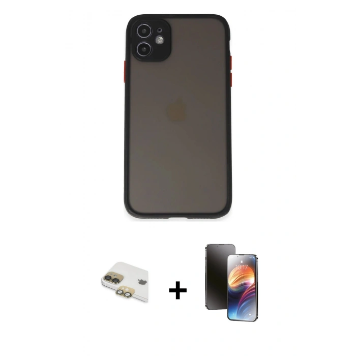 MARSİLYAN™- iPhone 11 Kılıf Ahenk Çizgi Serisi - Siyah 3D Antistatik Mat Seramik Nano Ekran Koruyucu + Pers Alüminyum Kamera Lens - GD