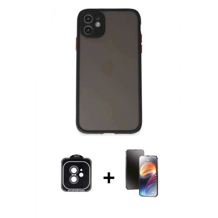 MARSİLYAN™- iPhone 11 Kılıf Ahenk Çizgi Serisi - Siyah 3D Antistatik Mat Seramik Nano Ekran Koruyucu + PVD Metal Kamera Lens - SH