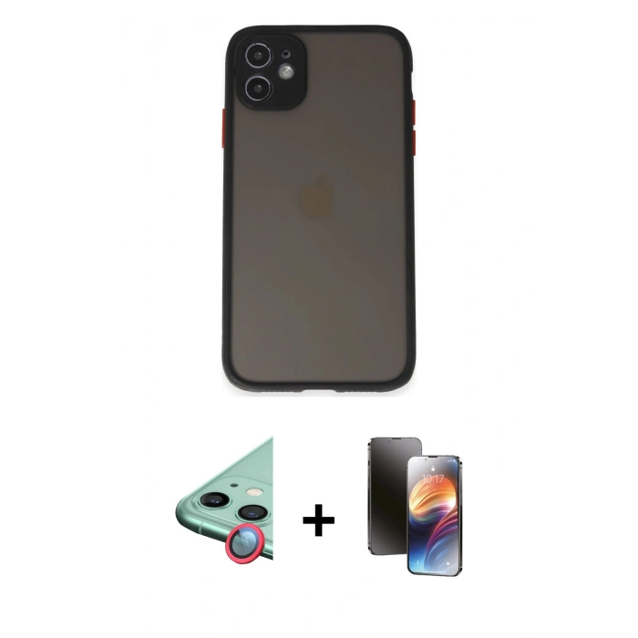 MARSİLYAN™- iPhone 11 Kılıf Ahenk Çizgi Serisi - Siyah 3D Antistatik Mat Seramik Nano Ekran Koruyucu + Raze Metal Kamera Lens - KI