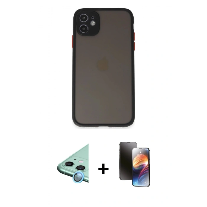 MARSİLYAN™- iPhone 11 Kılıf Ahenk Çizgi Serisi - Siyah 3D Antistatik Mat Seramik Nano Ekran Koruyucu + Raze Metal Kamera Lens - MI