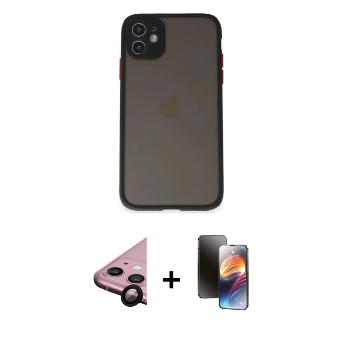 MARSİLYAN™- iPhone 11 Kılıf Ahenk Çizgi Serisi - Siyah 3D Antistatik Mat Seramik Nano Ekran Koruyucu + Raze Metal Kamera Lens - SH