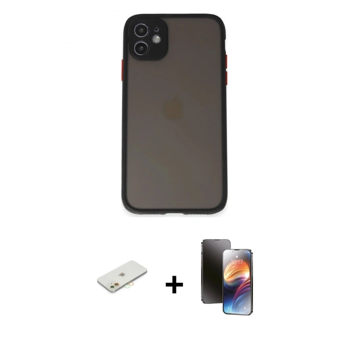 MARSİLYAN™- iPhone 11 Kılıf Ahenk Çizgi Serisi - Siyah 3D Antistatik Mat Seramik Nano Ekran Koruyucu + Renkli Kamera Lens Koruma Cam - TU