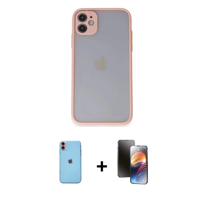 MARSİLYAN™- iPhone 11 Kılıf Ahenk Çizgi Serisi - Siyah 3D Antistatik Mat Seramik Nano Ekran Koruyucu + Neon Fosforlu Kamera Lens - TU