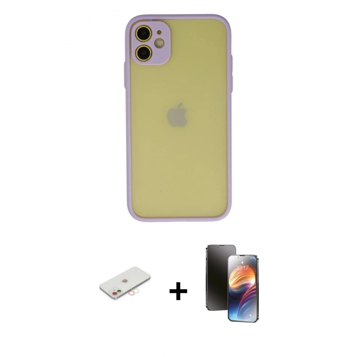 MARSİLYAN™- iPhone 11 Kılıf Ahenk Çizgi Serisi - Siyah 3D Antistatik Mat Seramik Nano Ekran Koruyucu + Renkli Kamera Lens Koruma Cam - YL
