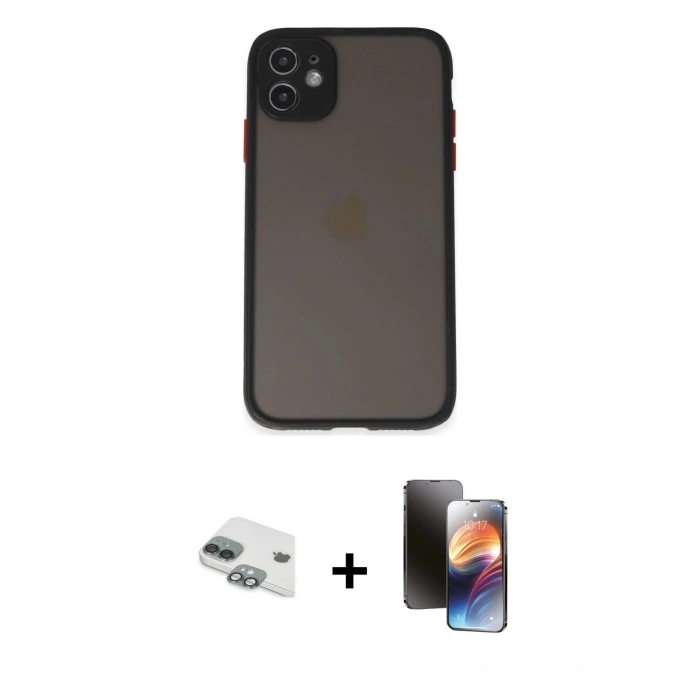 MARSİLYAN™- iPhone 11 Kılıf Ahenk Çizgi Serisi - Siyah 3D Antistatik Mat Seramik Nano Ekran Koruyucu + Pers Alüminyum Kamera Lens - YL