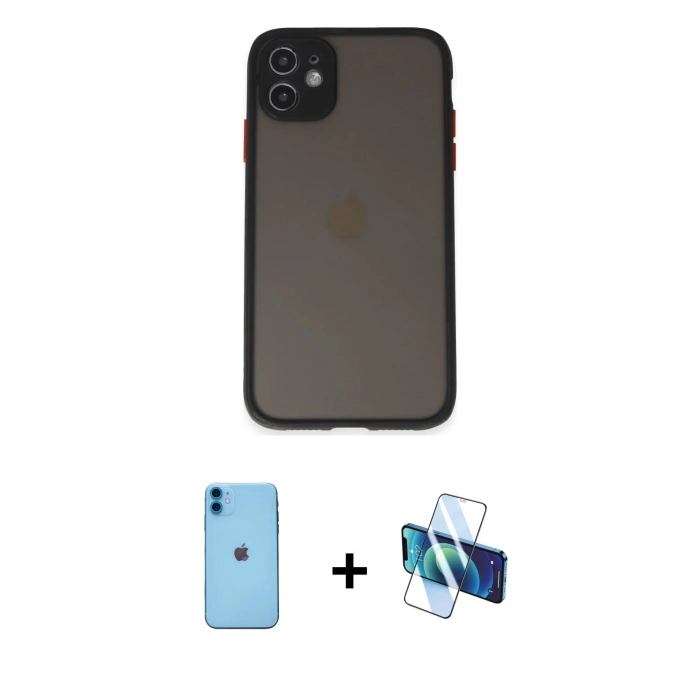 MARSİLYAN™- iPhone 11 Kılıf Ahenk Çizgi Serisi - Siyah 3D Antistatik Seramik Nano Ekran Koruyucu + Neon Fosforlu Kamera Lens - MI