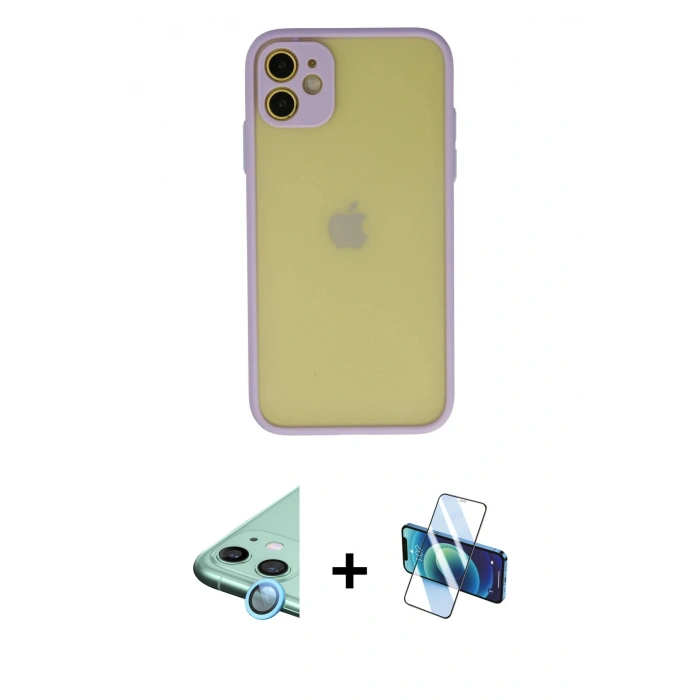 MARSİLYAN™- iPhone 11 Kılıf Ahenk Çizgi Serisi - Siyah 3D Antistatik Seramik Nano Ekran Koruyucu + Mavi Raze Metal Kamera Lens