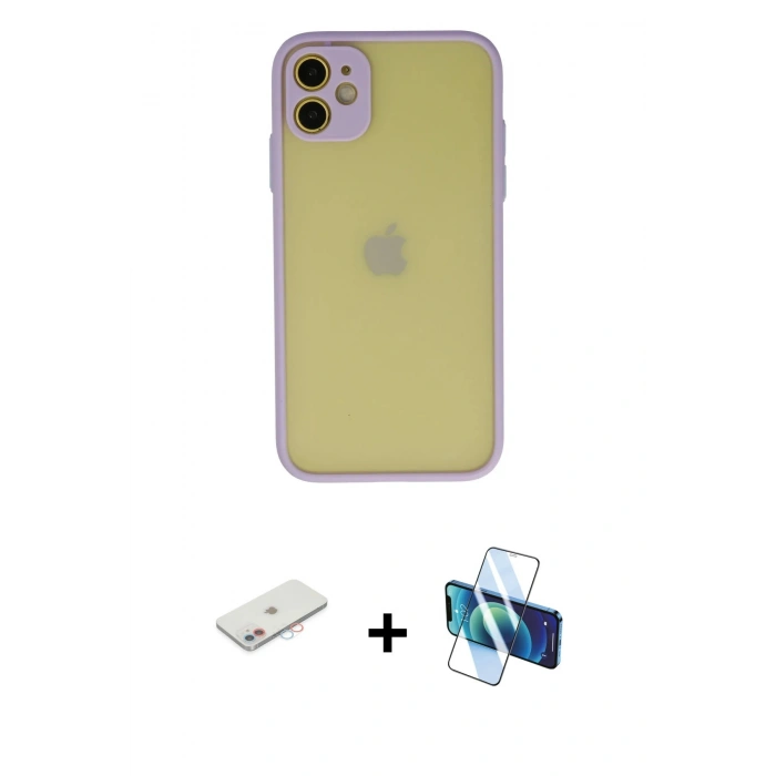MARSİLYAN™- iPhone 11 Kılıf Ahenk Çizgi Serisi - Siyah 3D Antistatik Seramik Nano Ekran Koruyucu + Renkli Kamera Lens Koruma Cam - PE