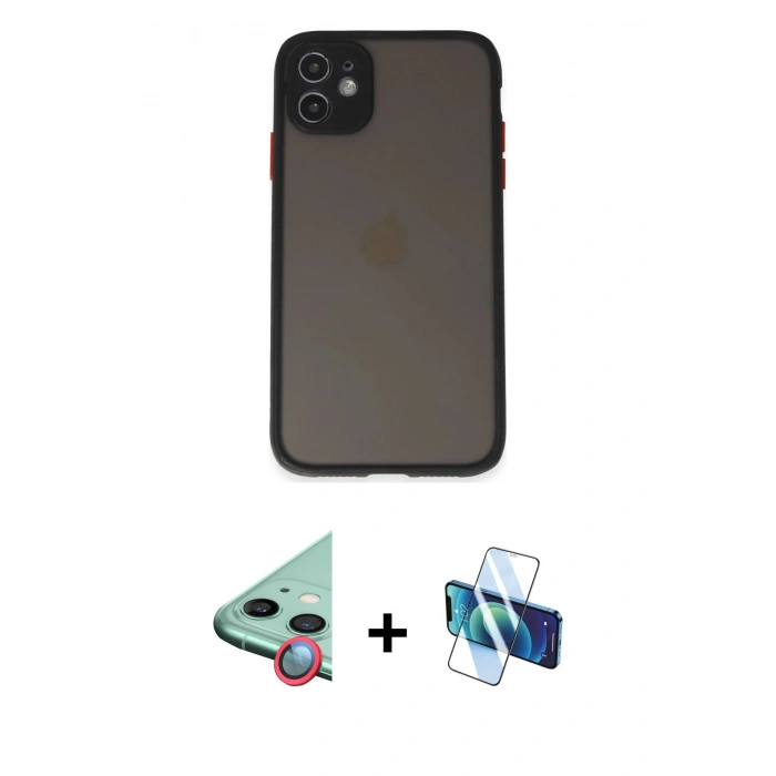 MARSİLYAN™- iPhone 11 Kılıf Ahenk Çizgi Serisi - Siyah 3D Antistatik Seramik Nano Ekran Koruyucu + Raze Metal Kamera Lens - KI