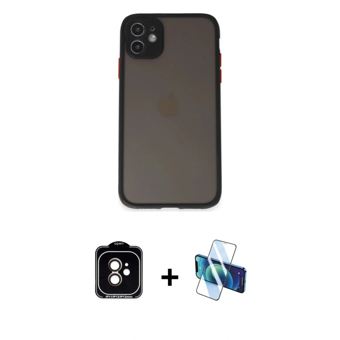 MARSİLYAN™- iPhone 11 Kılıf Ahenk Çizgi Serisi - Siyah 3D Antistatik Seramik Nano Ekran Koruyucu + PVD Metal Kamera Lens - TU