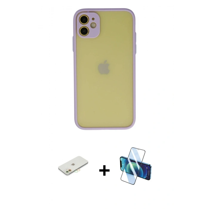 MARSİLYAN™- iPhone 11 Kılıf Ahenk Çizgi Serisi - Siyah 3D Antistatik Seramik Nano Ekran Koruyucu + Renkli Kamera Lens Koruma Cam - TU
