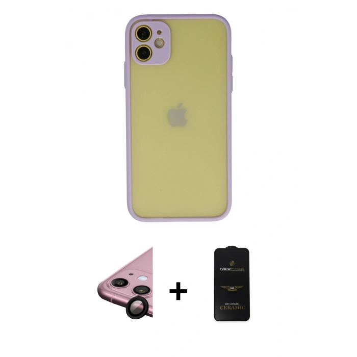 MARSİLYAN™- iPhone 11 Kılıf Ahenk Çizgi Serisi - Siyah 6D Antistatik Mat Seramik Hayalet Nano Ekran Koruyucu + Raze Metal Kamera Lens - SH