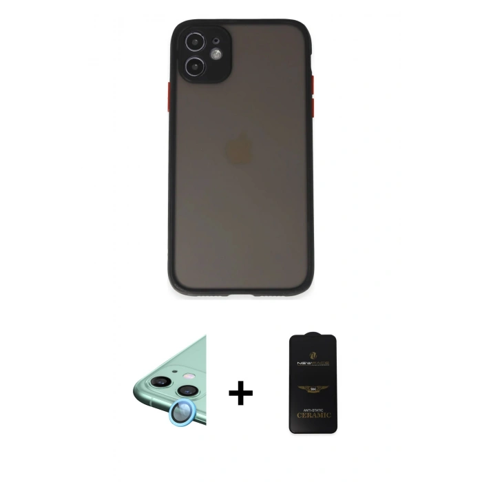 MARSİLYAN™- iPhone 11 Kılıf Ahenk Çizgi Serisi - Siyah 6D Antistatik Mat Seramik Hayalet Nano Ekran Koruyucu + Mavi Raze Metal Kamera Lens