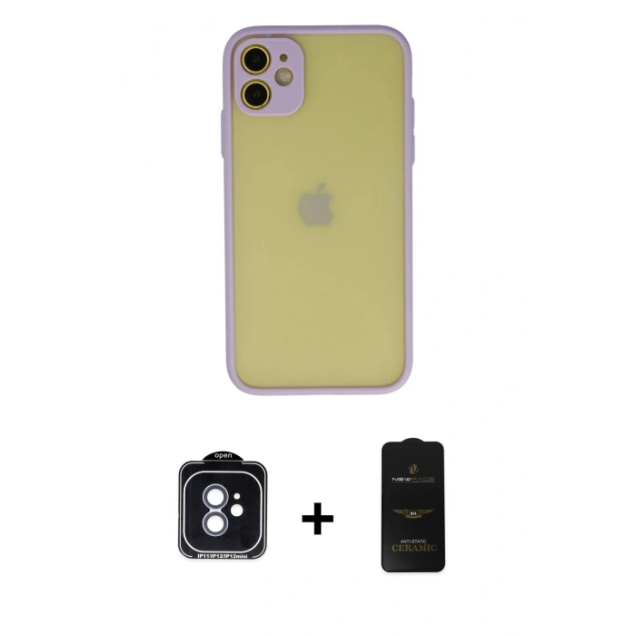 MARSİLYAN™- iPhone 11 Kılıf Ahenk Çizgi Serisi - Siyah 6D Antistatik Mat Seramik Hayalet Nano Ekran Koruyucu + PVD Metal Kamera Lens - MI
