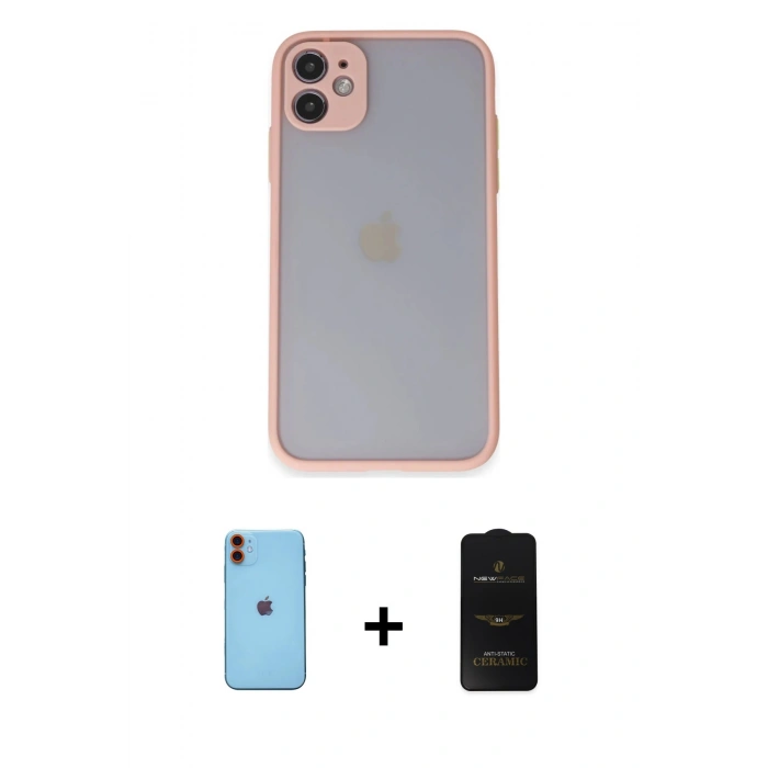 MARSİLYAN™- iPhone 11 Kılıf Ahenk Çizgi Serisi - Siyah 6D Antistatik Mat Seramik Hayalet Nano Ekran Koruyucu + Turuncu Neon Fosforlu Kamera Lens