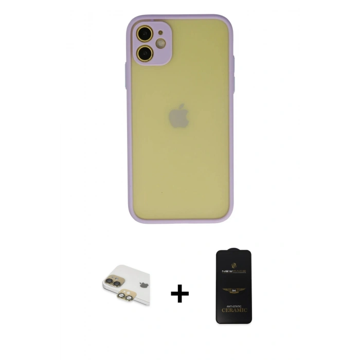 MARSİLYAN™- iPhone 11 Kılıf Ahenk Çizgi Serisi - Siyah 6D Antistatik Mat Seramik Hayalet Nano Ekran Koruyucu + Pers Alüminyum Kamera Lens - GD