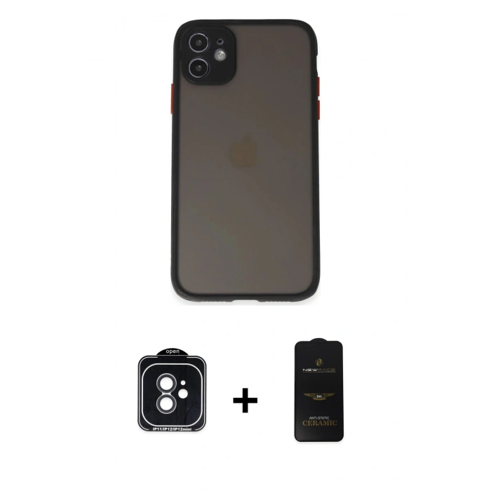 MARSİLYAN™- iPhone 11 Kılıf Ahenk Çizgi Serisi - Siyah 6D Antistatik Mat Seramik Hayalet Nano Ekran Koruyucu + Siyah PVD Metal Kamera Lens